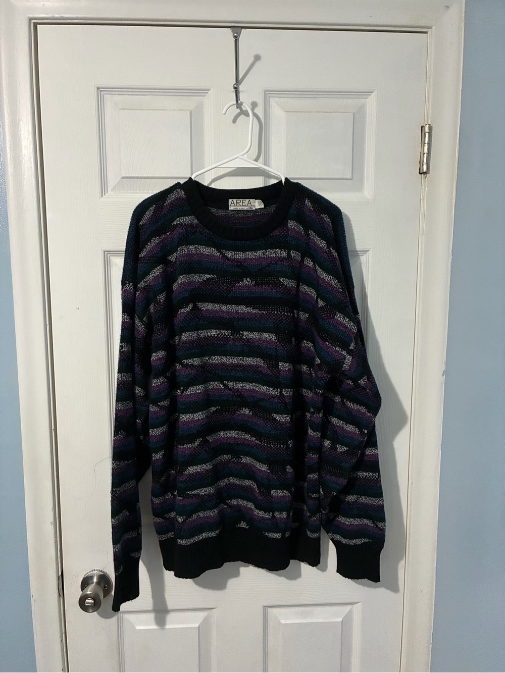 AREA Black, Purple & Gray Striped Crewneck Sweater